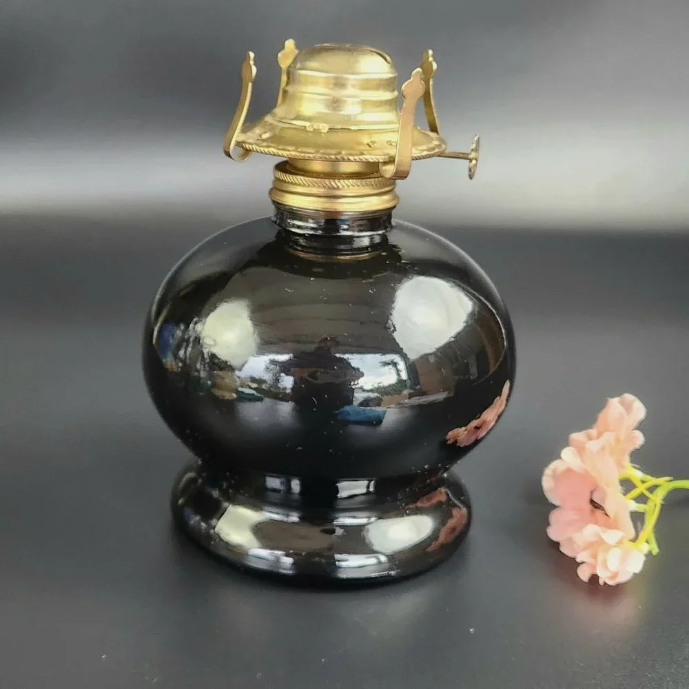 Vintage Oil Lamp - Black Base - Floral Design - 14 1/4